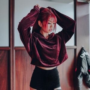 Lychee the Label Red Velvet Open Back Detail Hoodie